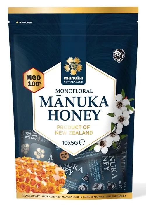 MGO100+ monofloral Manuka Honey Snappaks 10x5g.